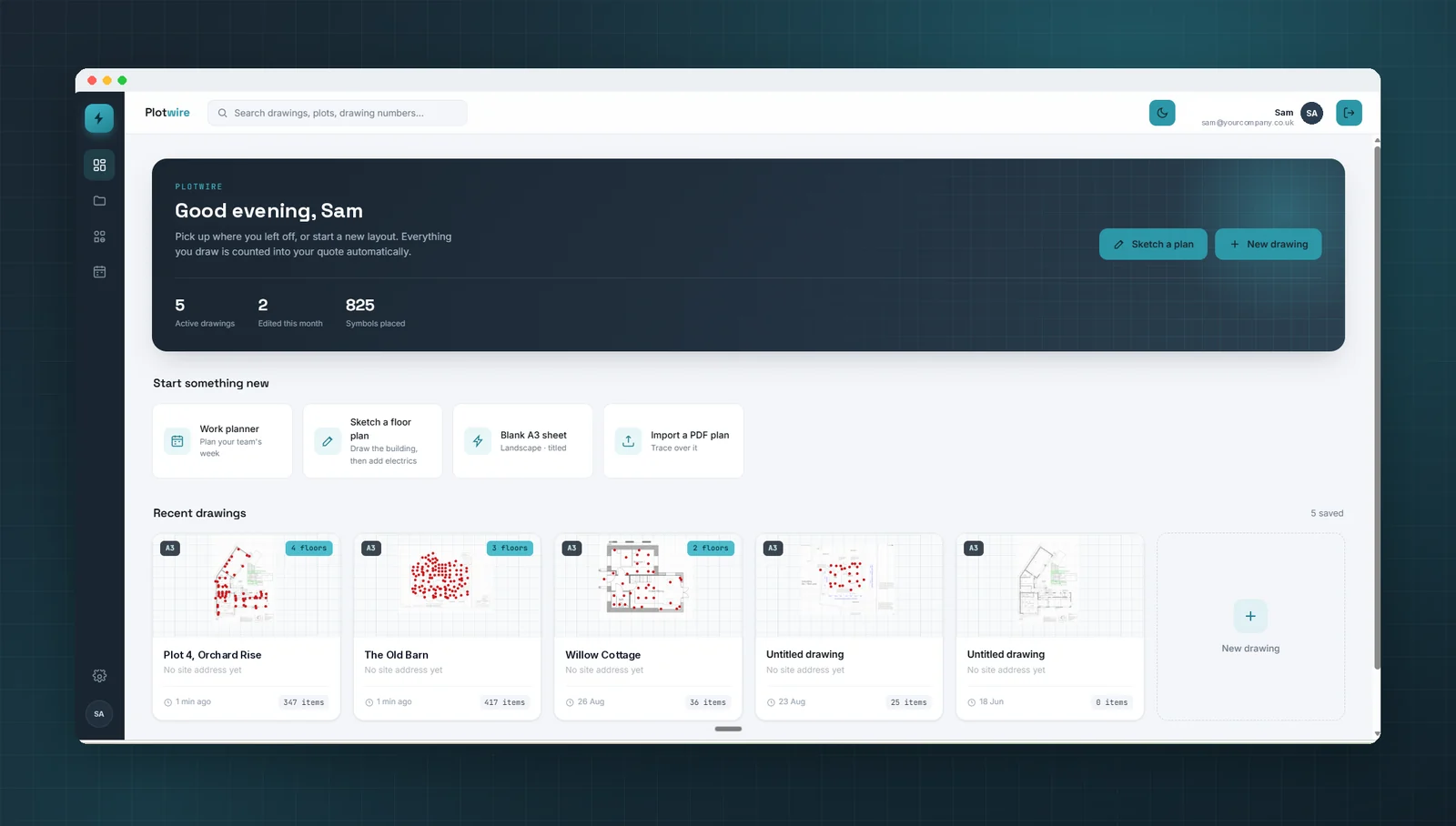 Plotwire dashboard listing recent drawings