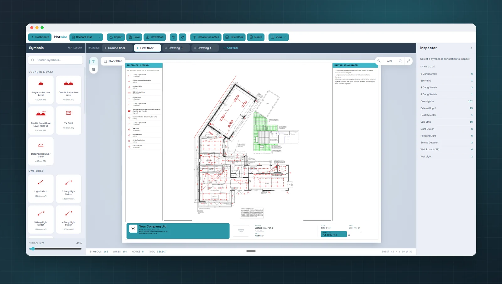 Plotwire drawing editor with a first-floor plan marked up with lights and switches