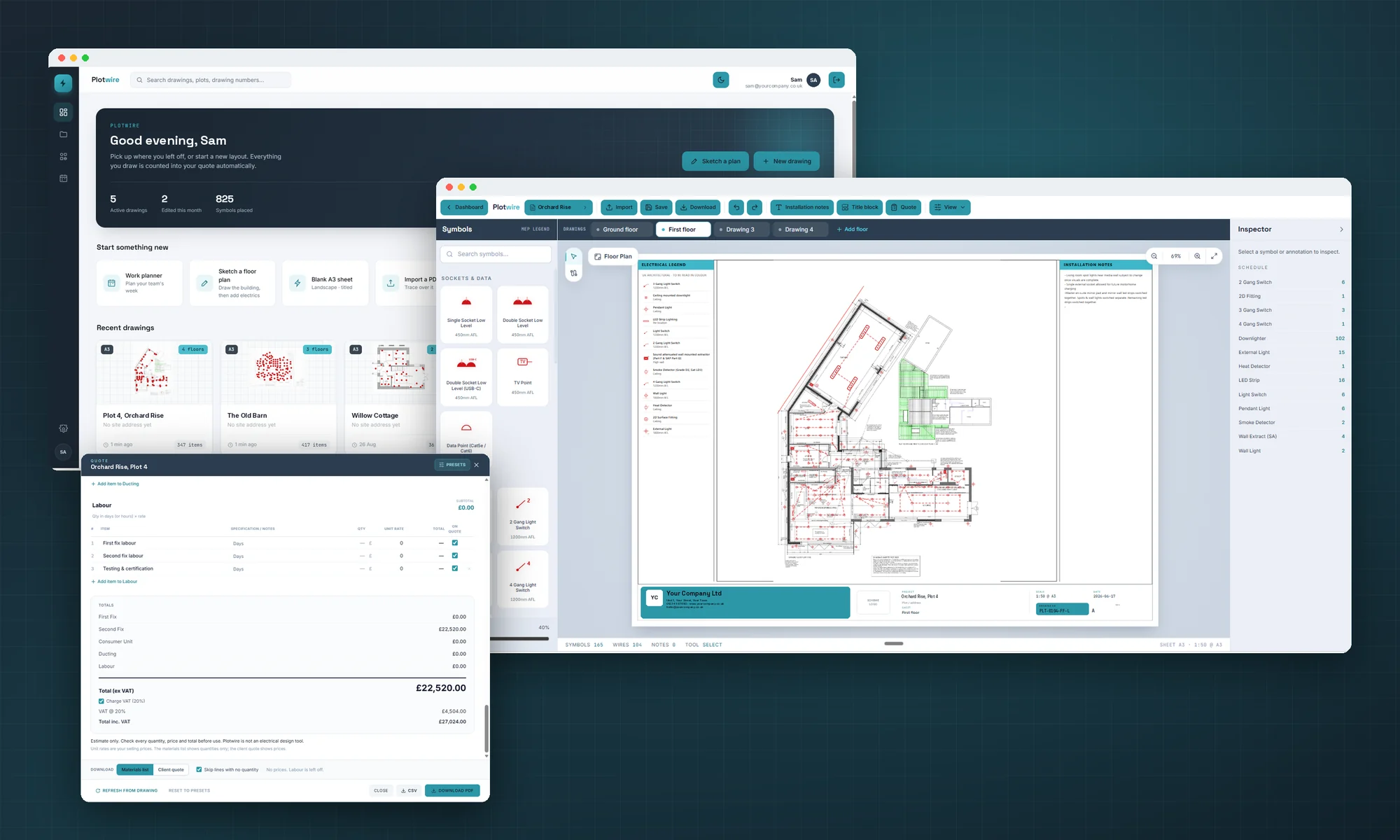Plotwire dashboard, drawing editor with a marked-up floor plan, and a priced quote