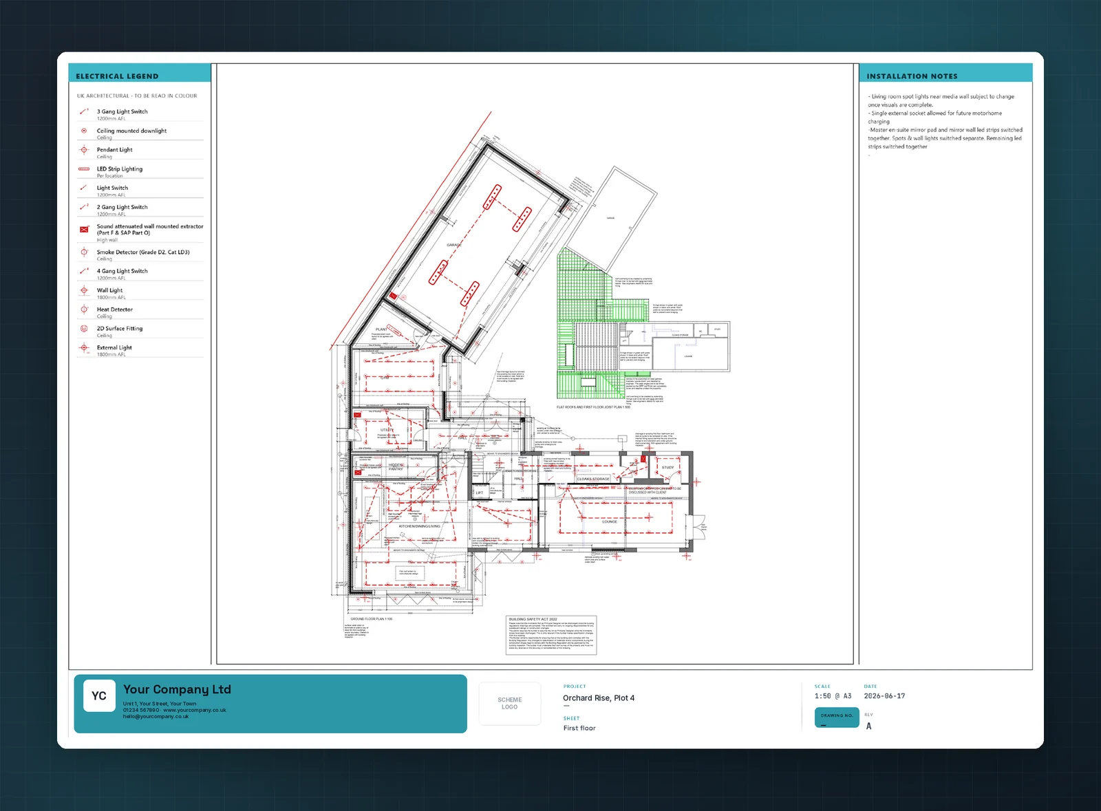 A3 electrical layout PDF with legend, installation notes and company title block